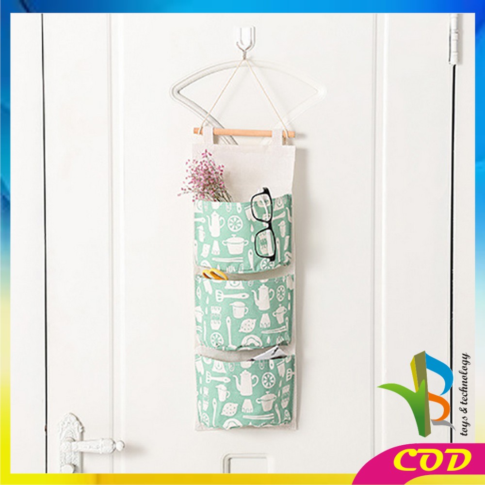 RB-C733 Pouch Gantung 3 Sekat Multifungsi Bahan Kain Kanvas Motif Korean Style / Rak Gantung Organizer / Pocket Storage Bag Canvas Serbaguna