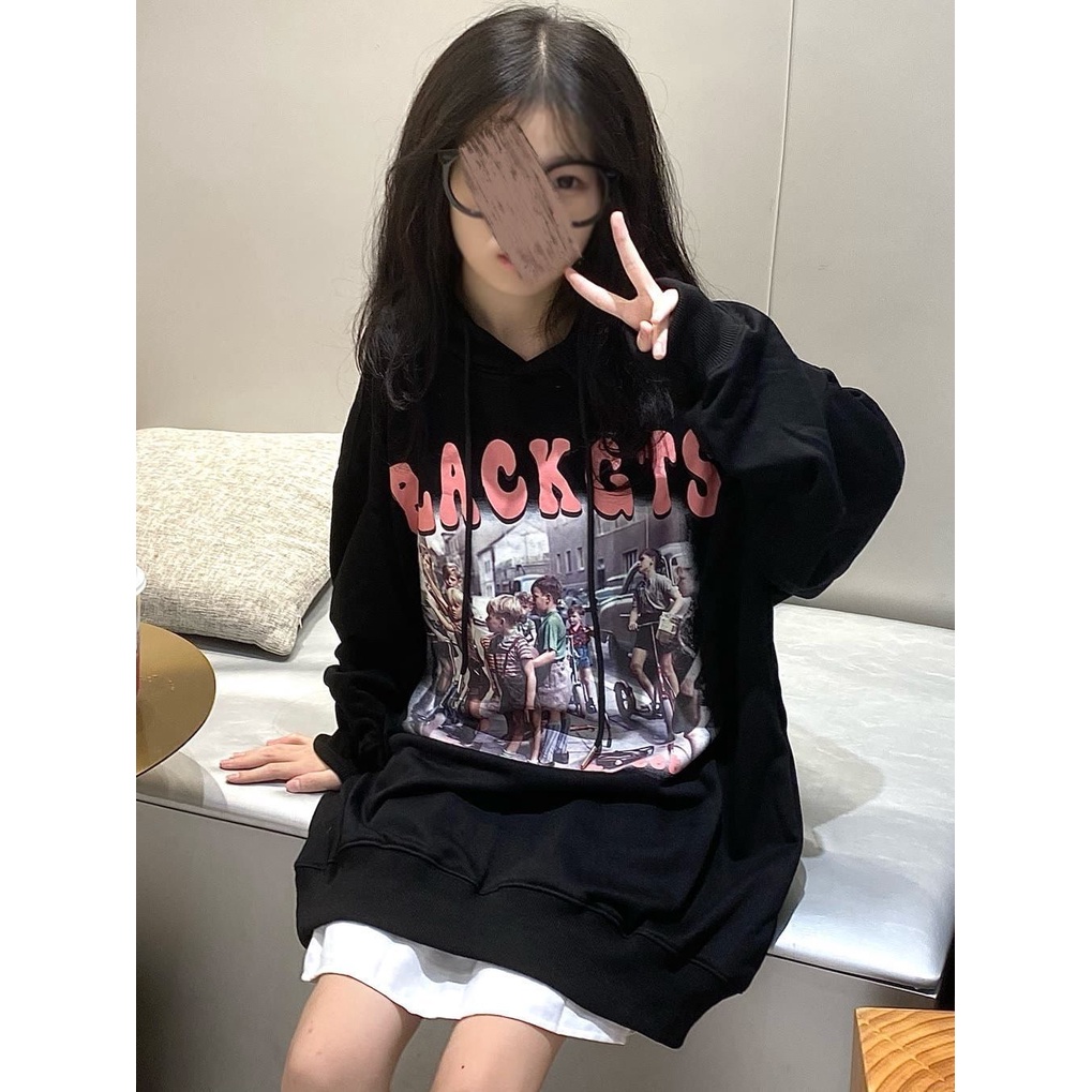 Sweater berkerudung super panas kepribadian wanita all-match ceruk musim gugur cetak baru versi Korea gaya malas longgar atasan lengan panjang