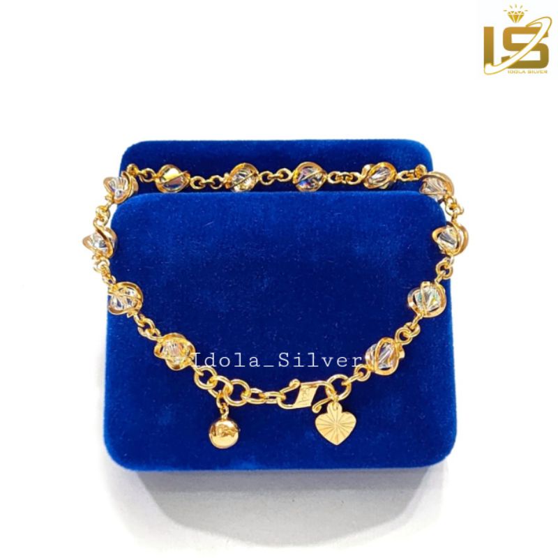 GELANG PERAK ASLI SILVER 925 LAPIS EMAS MODEL BOLA KRISTAL SANGKAR - PERHIASAN PERAK WANITA