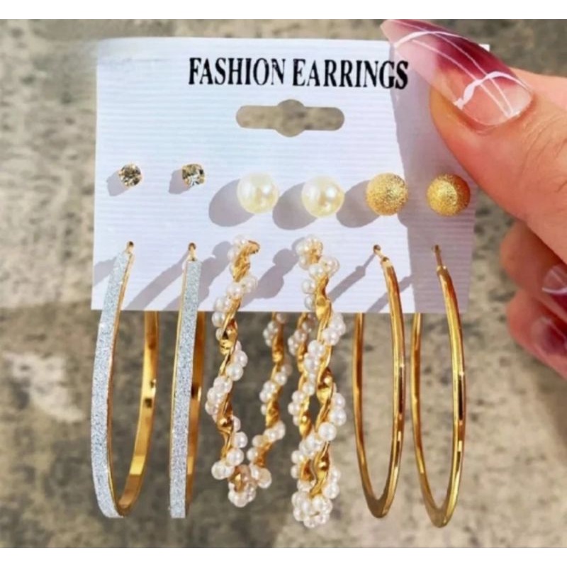 SET 6 PASANG ANTING HOOPS MUTIARA BOHEMIAN ANTING BULAT BESAR GIWANG ANTING HIJAB PESTA KOREAN STYLE