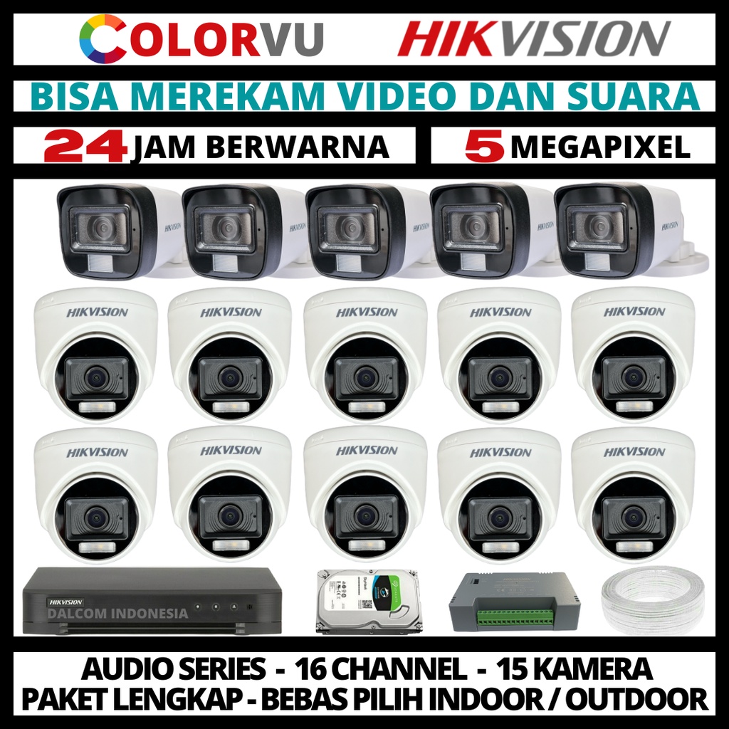 PAKET CCTV HIKVISION COLORVU 5MP 16 CHANNEL 15 KAMERA COLORFUL