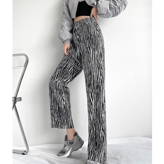 【Blossom】Fashion Striped  Printing High Waist Wide-legged Pants 2433