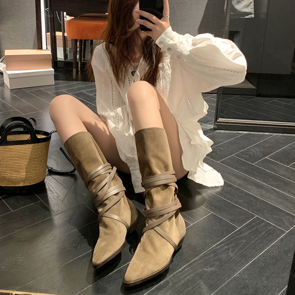 Suhao Pelatuk Western Cowboy Boots Wanita 2022 Musim Panas dan Musim Gugur Sepatu Bot Panjang Tebal Tumit Menunjuk Toe Tipis Cavalier renda Sepatu Bot