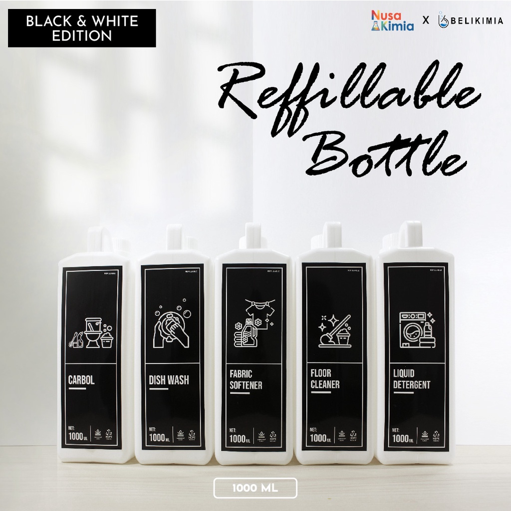 Botol Refill Putih - Aesthetic Refillable Liquid Bottle - Laundry Organizer - Black &amp; White Edition 1000 ml