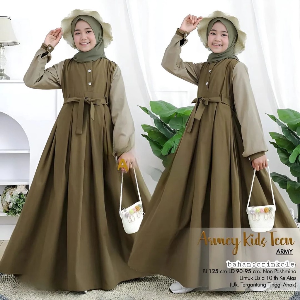 TERBARU Armey Dress Kids Teen Gamis Anak Perempuan Umur 10 /15 tahun Dress Anak Bahan Crincle airflow  OOTD Fashion Muslimah Anak Model Terbaru Bahan Premium