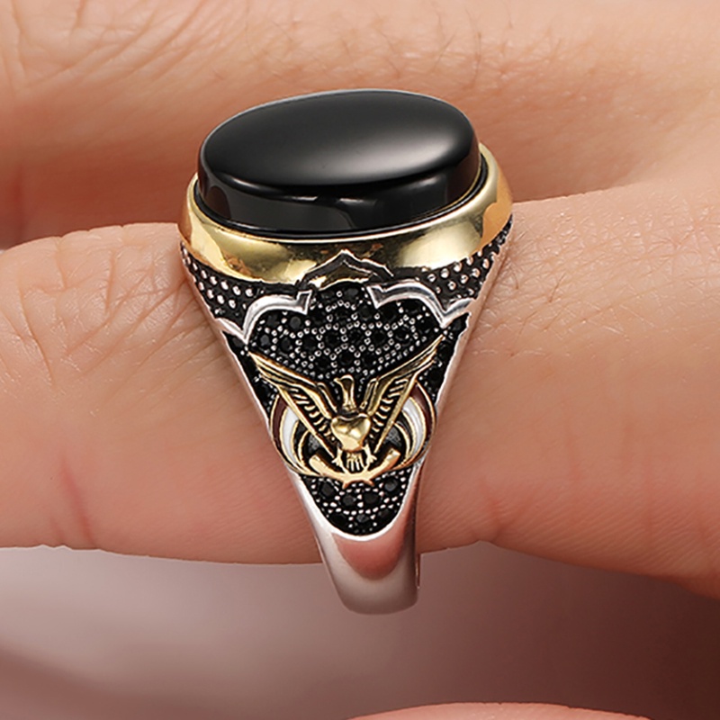 Cincin Silver Hias Batu Permata Hitam Ukiran Burung Gaya Retro Untuk Pria