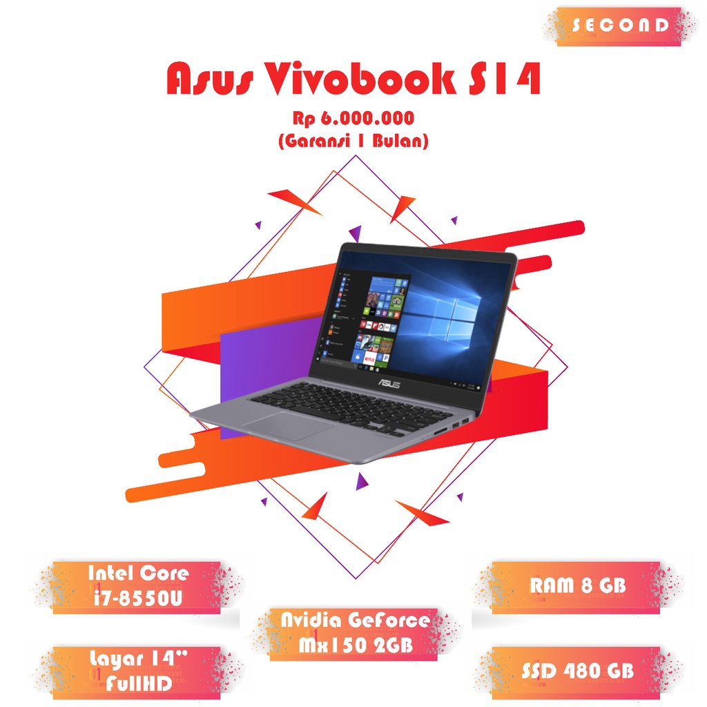 Asus Vivobook S14 Core i7 RAM 8GB SSD 480GB Layar 14" FHD IPS Nvidia MX150 Keyboard Backlit