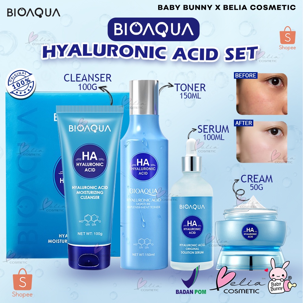 ❤ BELIA ❤ BIOAQUA Hyaluronic Acid Moisturizing Skin Care Set | 4 pcs | Serum 100ml | Moisturizing Cream 50g | Cleanser 100g | Toner 150ml | Skincare | BPOM