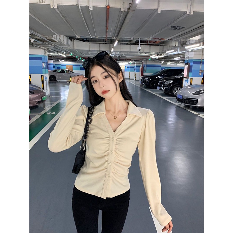 Red Ukuran Besar Gemuk Mm Bahu Depan Polo Shirt Wanita Musim Gugur Murni Keinginan Desain Kemeja Lengan Panjang Lipit Pinggang Atas Tipis