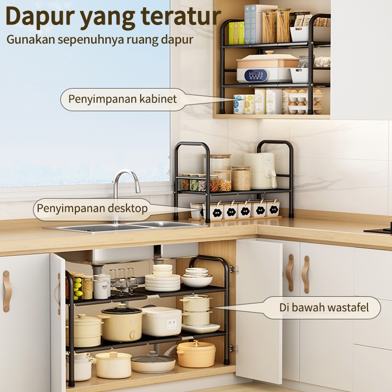 Rak dapur stainless steel yang dapat ditarik di bawah rak panci wastafel rak multifungsi