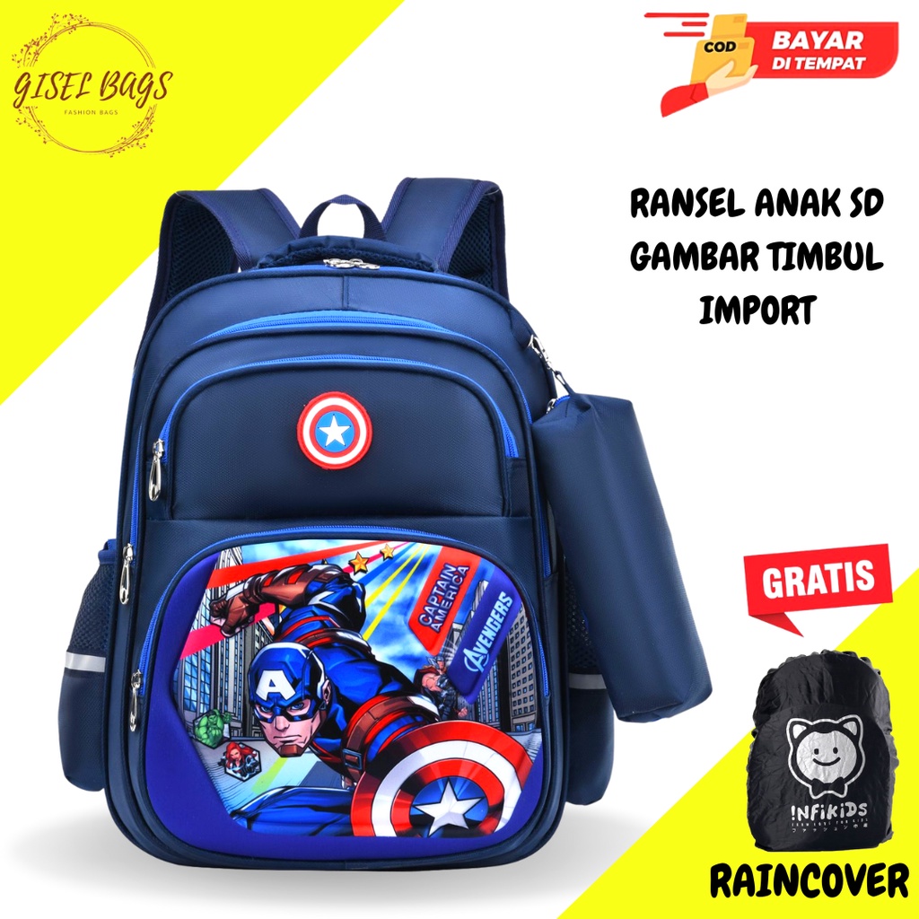 Tas anak laki laki sekolah sd import gambar timbul karakter superhero waterproof