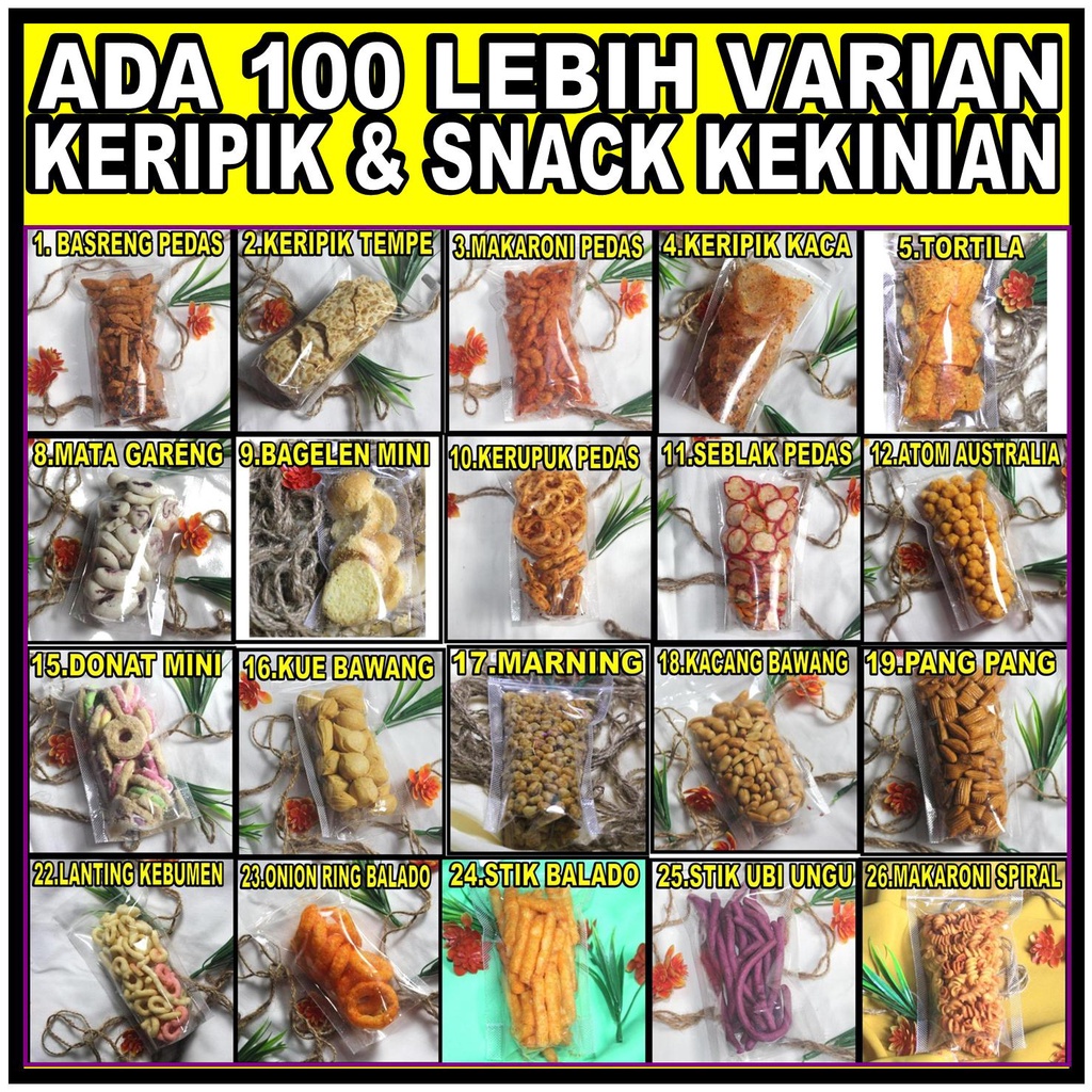 

MAKANAN RINGAN SNACK KEKINIAN KERIPIK PISANG BASRENG KERIPIK SEBLAK KERIPIK KENTANG SERUT KERIPIK PARE 100 MACAM KERIPIK KRIPIK KEKINIAN BOLEH REQUEST SESUKA SENDIRI KERIPIK BELUT KERIPIK SINGKONG SERUT PEDAS 1KG 500GR 200 GR 100 GR 50 GR BASRENG PEDAS K