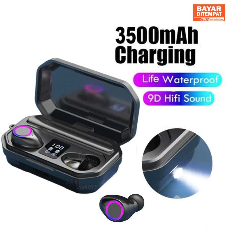( ORI ) QJ Earphone TWS Bluetooth 5.0 + Charging Case Flashlight 3500mAh