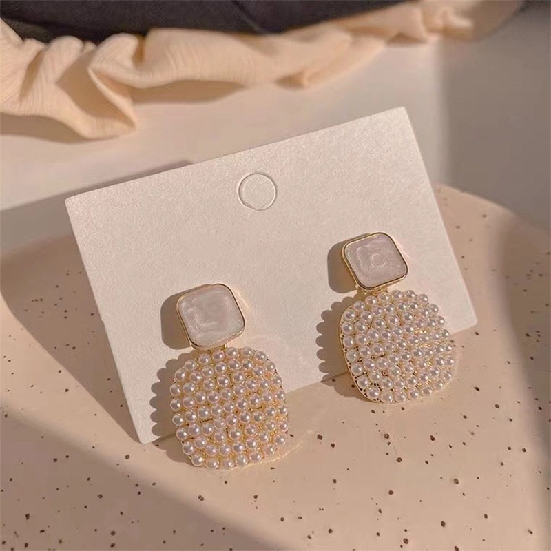 Anting Mutiara Bentuk Kotak Geometris Gaya Korea