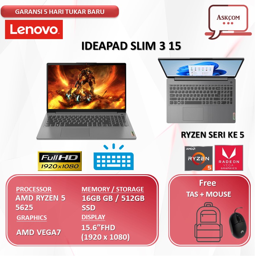 Laptop Lenovo Ideapad Slim 3 15 RYZEN 5 5625 RAM 16GB 512GB SSD VEGA 7 W11 15.6FHD