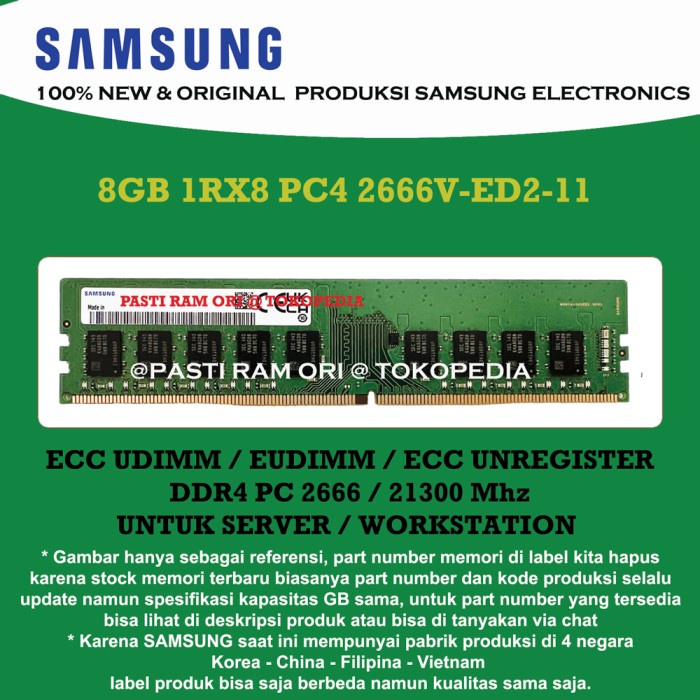 Ram Samsung For Hp Dl20 G10 Ddr4 8Gb Pc 2666 / 21300 Mhz Ecc Dimm