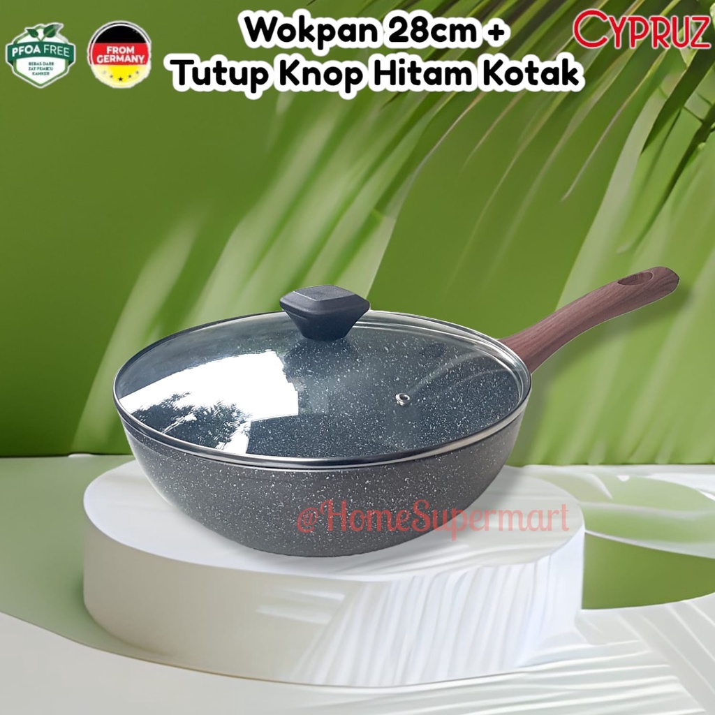 Wajan Wok 28cm Dengan Tutup Kaca Knop Kotak Kompor Listrik Gas FP0644