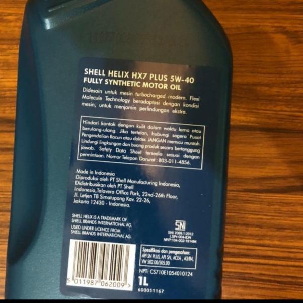 OLI MOTOR SHELL HELIX HX7 PLUS 5W-40 Fully SHYNTHETIC 1000Ml