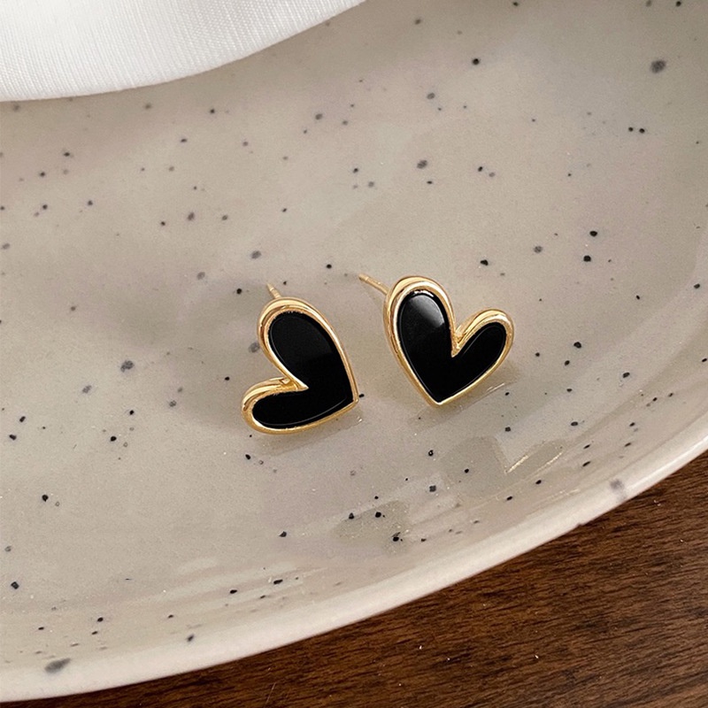 Anting Tusuk Gantung Desain Hati Warna Hitam Gaya Jepangkorea Selatansimple Untuk Wanita