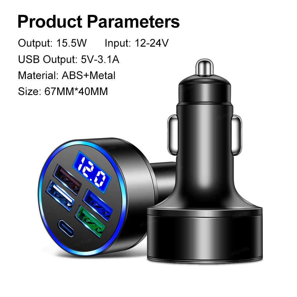 Adapter Charger Mobil 4 Port USB Tipe-C Fast Charging Bahan ABS Dengan Display Digital LED Untuk IPhone / Android