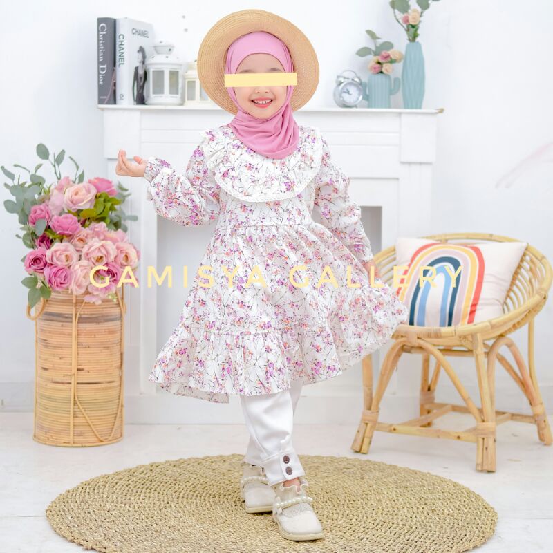 GAMISYA GALLERY - Tunik Anak Perempuan / Baju Lebaran / Baju Mengaji Katun Jepang 3-11 Tahun (PUTIH)