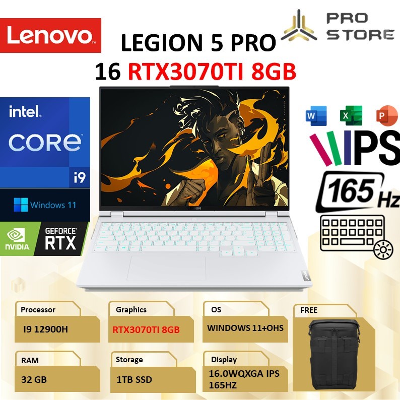 LAPTOP GAMING LENOVO LEGION 5 PRO 16 RTX3070TI 8GB WQXGA IPS 165HZ i9 12900H RAM 32GB 1TB SSD W11