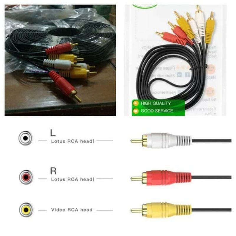 Kabel RCA audio video 3-3 20 meter/ jack rca av 3-3 dari dvd ke tv Hitam