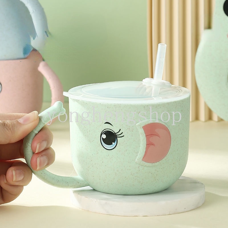Cangkir Minum Desain Kartun Gajah Dengan Gagang Bahan Wheat Straw Anti Bocor Untuk Anak