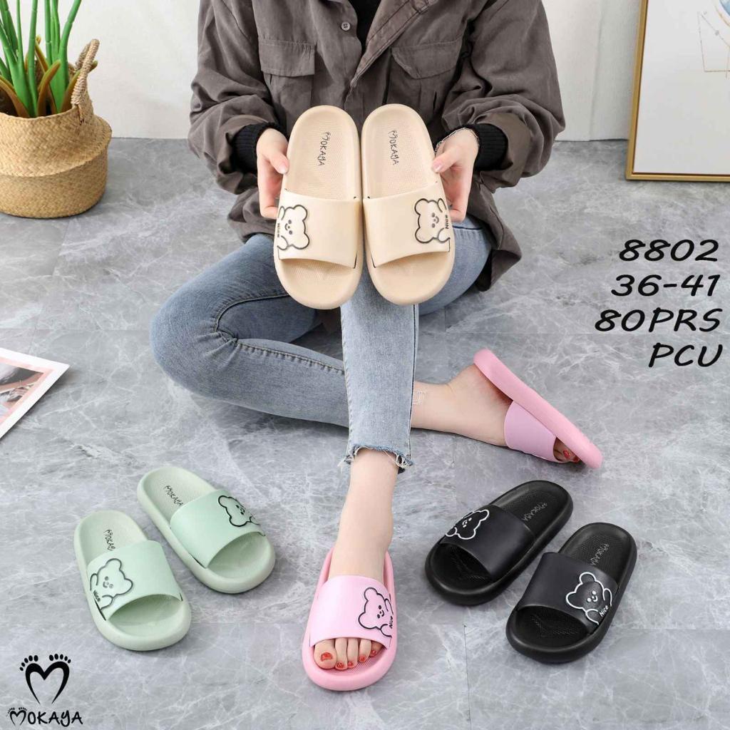 Sandal Slop Karet PCU Wanita Polos Simple Tebal Ban motif Bear Nice Lucu Import MKY 8802 36-41