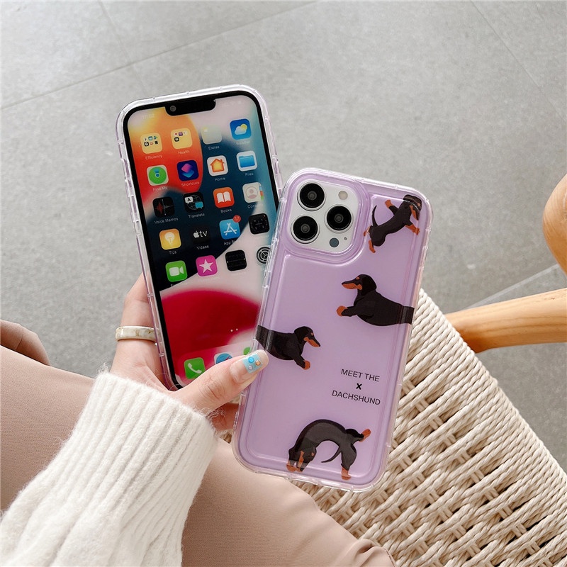 Casing Soft Case TPU Transparan Motif dachshund Ungu Untuk IPhone 14 13 12 11 Pro Max Plus