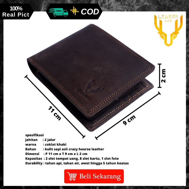 Dompet Pendek Lipat Pria Kulit Sapi Asli Merk Leaderbag Warna Coklat Terbaru Dompet Cowok Keren Branded 100% Original NEPTUNE V2 E04