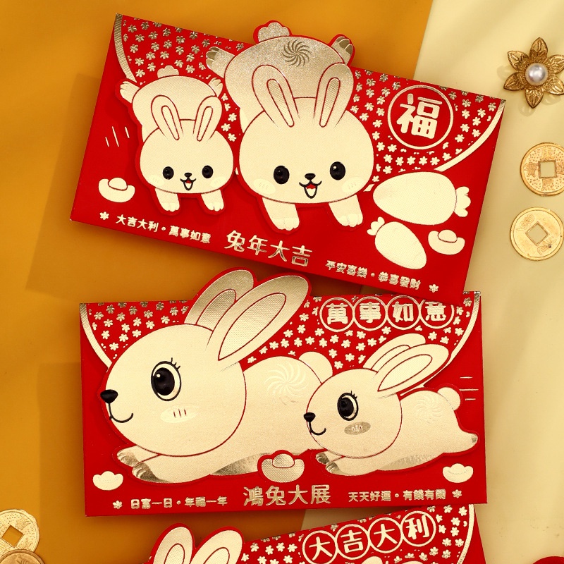 6pcs / set Amplop Angpao Motif Kartun Kelinci Warna Merah Untuk Tahun Baru Imlek