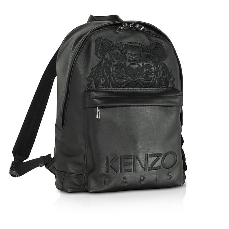 KENZ0 BLACK LEATHER TIGER EMBOSSED LOGO BACKPACK