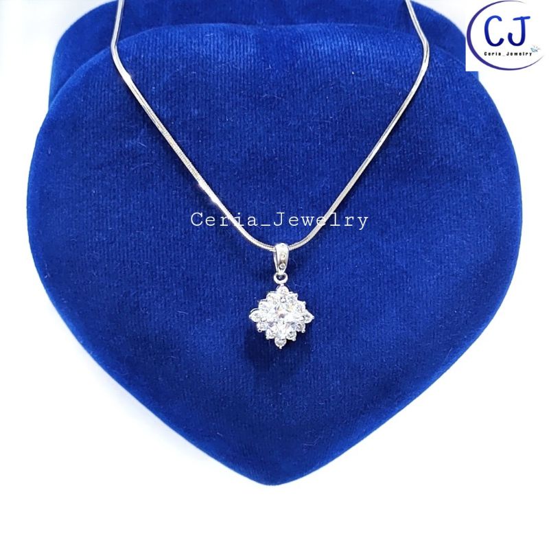 Kalung Perak Asli Silver 925 Lapis Emas Putih Model liontin kotak Berlian/Diamond - perhiasan perak wanita