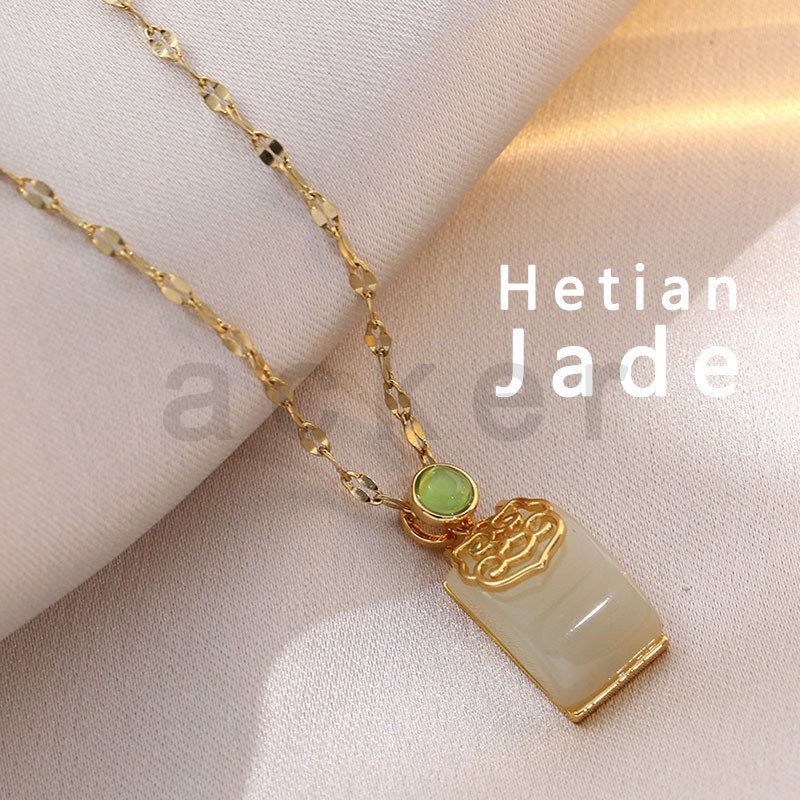 Kalung Liontin Giok Hetian Alami Bentuk Persegi Lapis Emas 18K Untuk Wanita