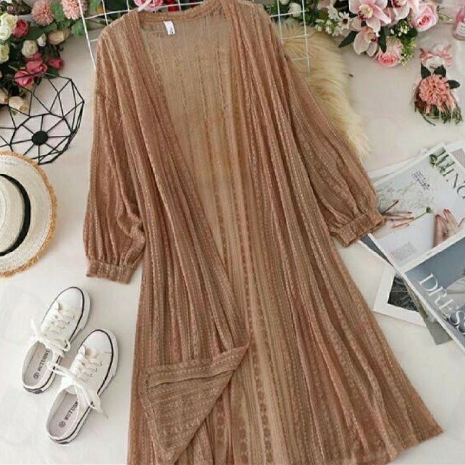 Murah PAKAIAN WANITA MUSLIMAH LONG OUTER CARDIGAN PUTIH BROKAT LENGAN PANJANG