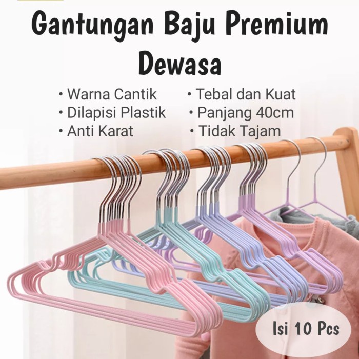 @=@=@=@=] Gantungan Baju Dewasa Lapis Karet Hanger Stainless Makapal isi 10Pcs