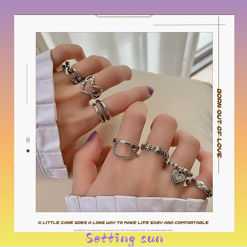 7Pcs/Set Perhiasan Cincin Rantai Cinta Fashion Korea Vintage Adjustable Gaya Untuk Wanita TN