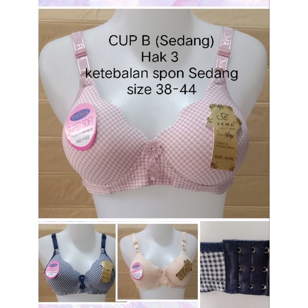 BH Hak 3 CUP B(Sedang) 411/1122 Pakai Spon Tanpa Kawat SiZE 38 - 44 BRA Remaja Dewasa Pakaian Dalam Wanita