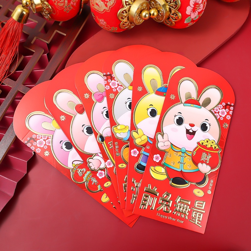 6pcs / Set Amplop Angpao Motif Kelinci Warna Merah Untuk Tahun Baru Imlek