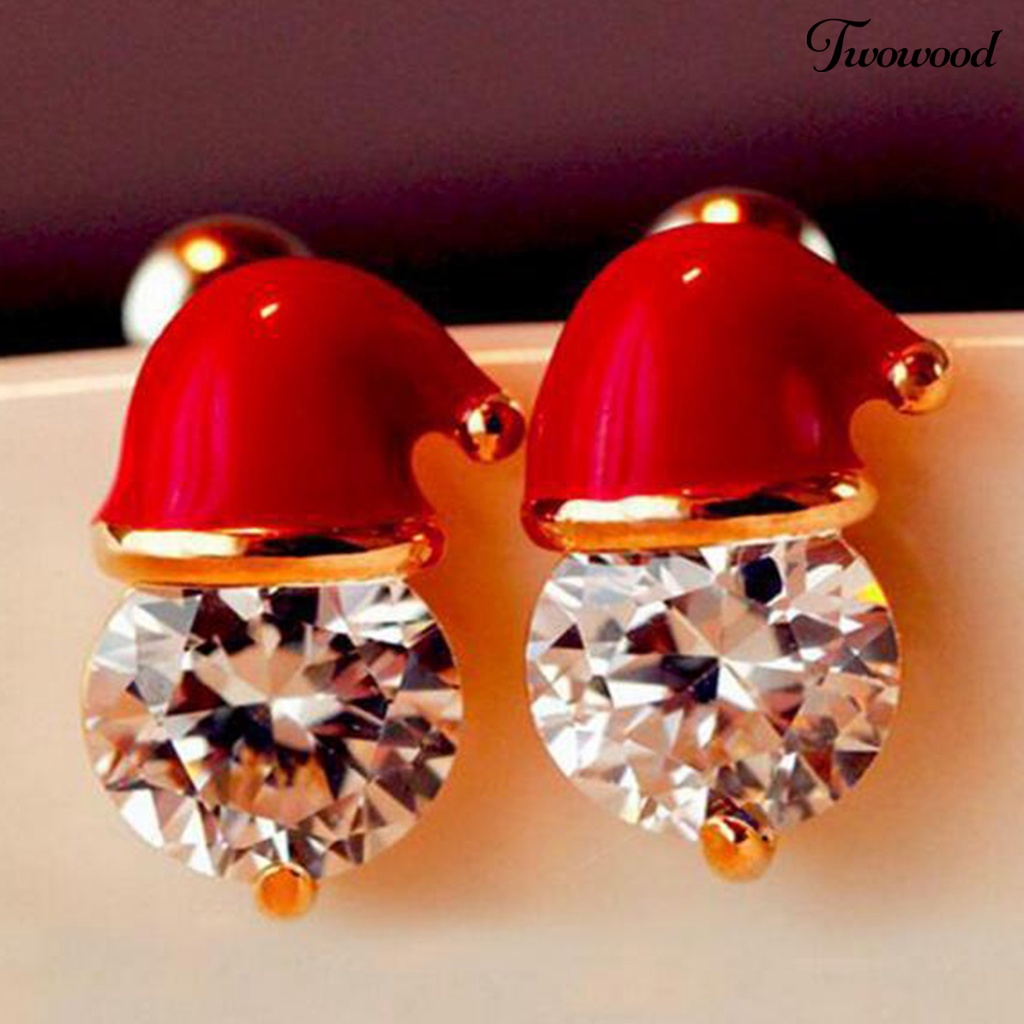 1 Pasang Anting Stud Cubic Zirconia Bentuk Topi Natal Warna Merah Untuk Wanita