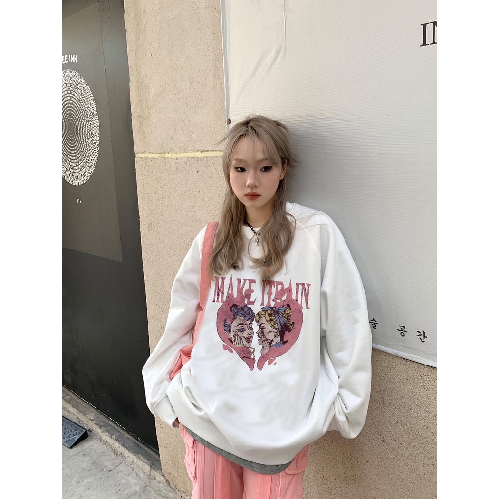 EUNII Sweater Lengan Panjang Retro Love Korean Style/Hoodie Oversize/Baju Wanita/Switer Wanita