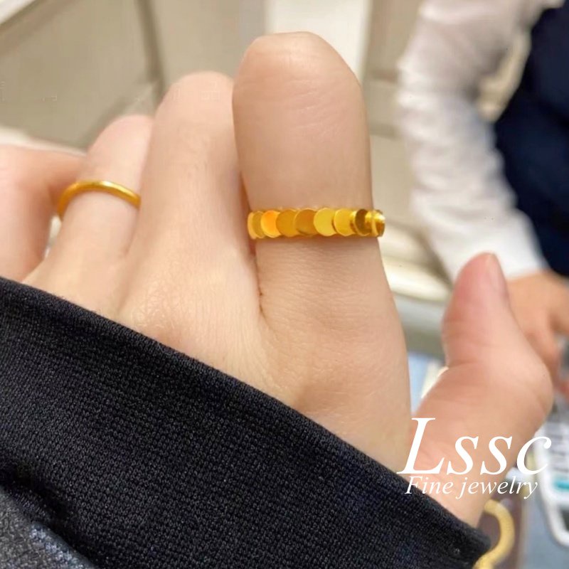 Cincin Titanium Wanita Sisik Ikan Berkilau Cantik Emas 18K Anti Karat Perhiasan Aksesoris Fashion