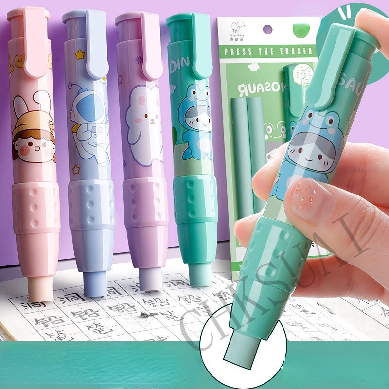 3 Pcs / set Penghapus Pensil Motif Kartun Astronot Model Tekan Dapat Ditarik Untuk Perlengkapan Sekolah