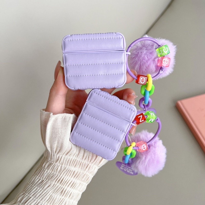 Pink &amp; Purple Leather Case with Pom Pom Chain for Airpods 1 2 Pro 3 Case Airpods Lucu