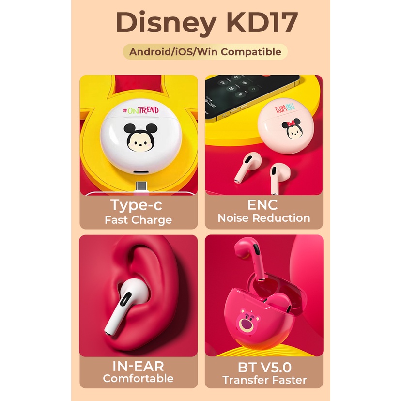 100% Authentic Disney KD17 Wireless Headset TWS Bluetooth Earphone Cute Cartoon HIFI Stereo Earbuds in-Ear Noise Reduc