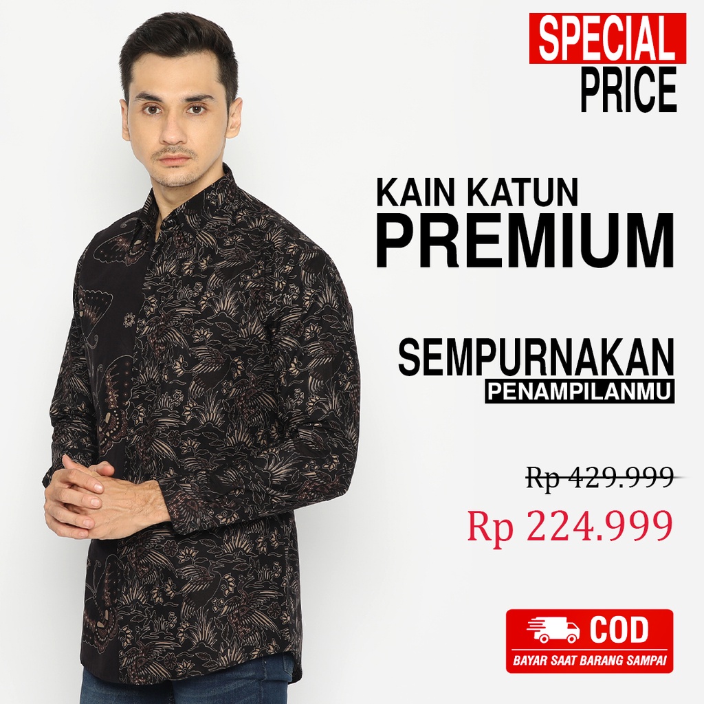 KEMEJA BATIK PRIA Lengan Panjang Slimfit Premium Bangau Two Tone Siang Sore Hitam 728063 Cap 72 - Baju Kemeja Atasan Pakaian Setelan Batik Pria Cowok Laki Laki Remaja Keluarga Kantor Lengan Panjang Modern Slimfit Slim Fit Premium Kekinian