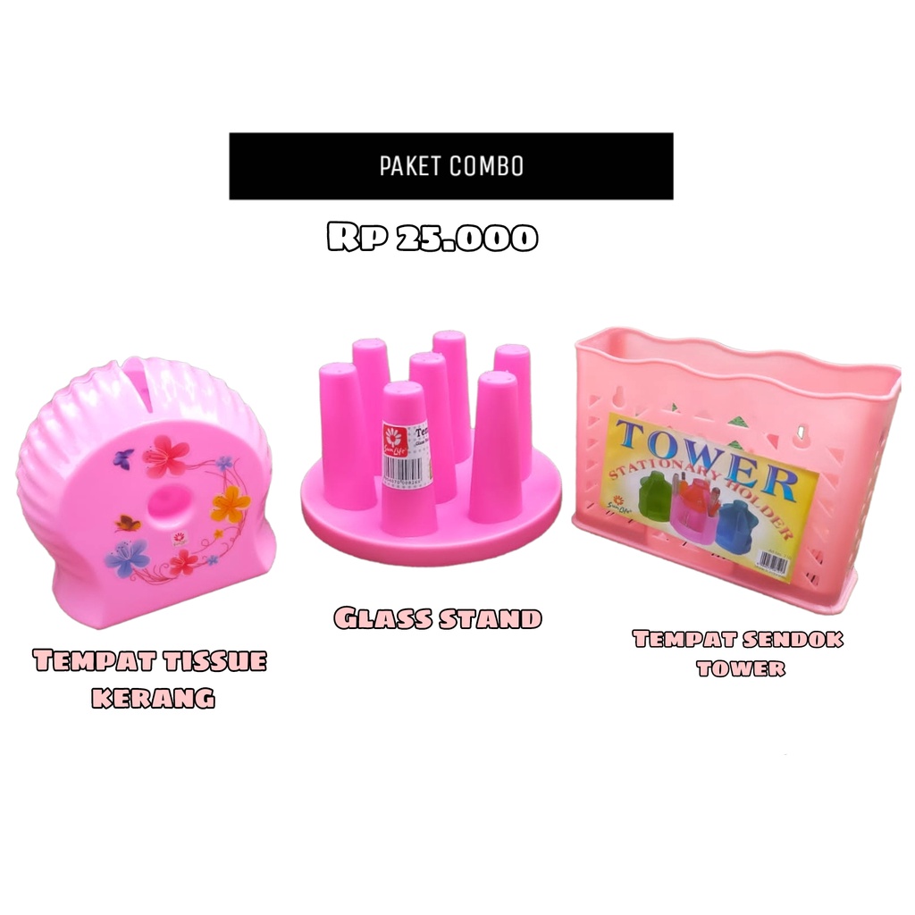 Paket combo tempat tissue kerang, tempat sendok tower, glass stand