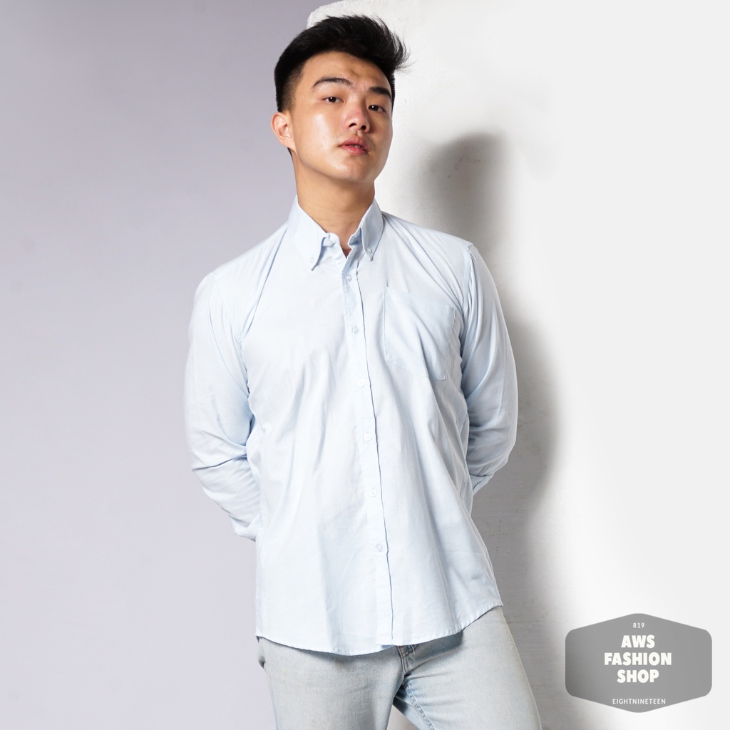 819 Kemeja Pria Lengan Panjang Polos Baby Blue Biru Soft Oxford Basic SIMPLE Slimfit Casual Tersedia Ready Sampai Size JUMBO BIG SIZE XXL XXXL