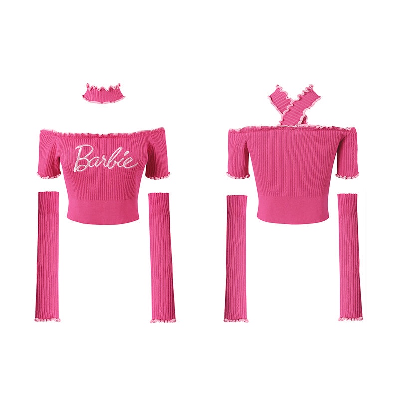 ❀✷Provelove underpassX Barbie barbie co-branded manis dengan lengan warna kontras leher bulat croppe
